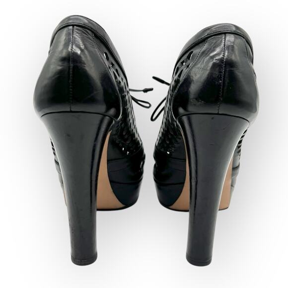 Prada Womens Heels Perforated Lace-Up Platform Black Leather Peep Toe - Picture 11 of 15